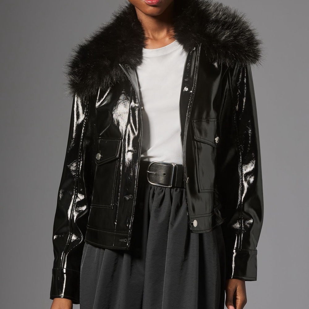 Maeve Faux Leather Black  Furry Collar Jacket